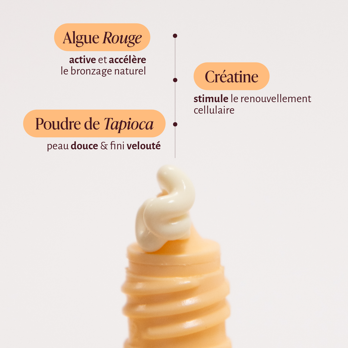 Product with text describing ingredients and effects on a light background